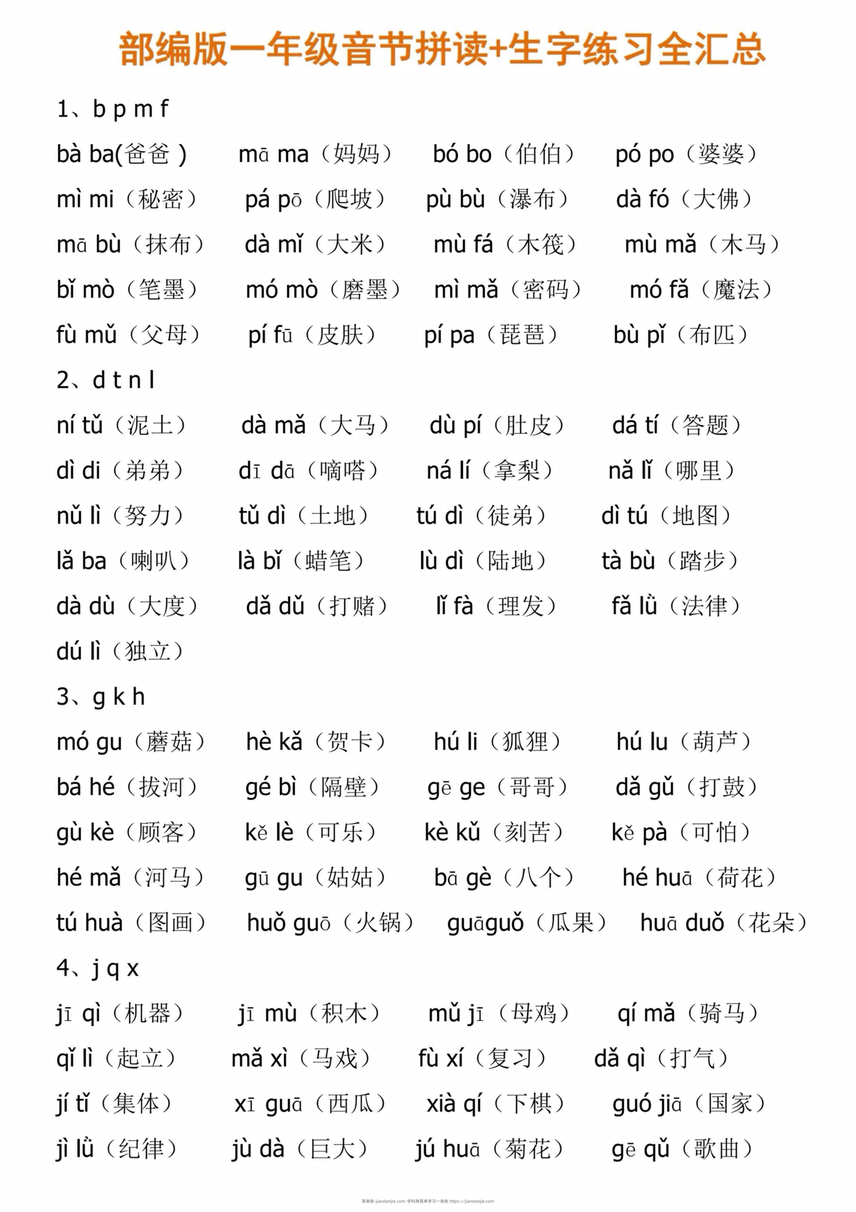一年级上语文音节拼读和练习汇总-简单街-jiandanjie.com