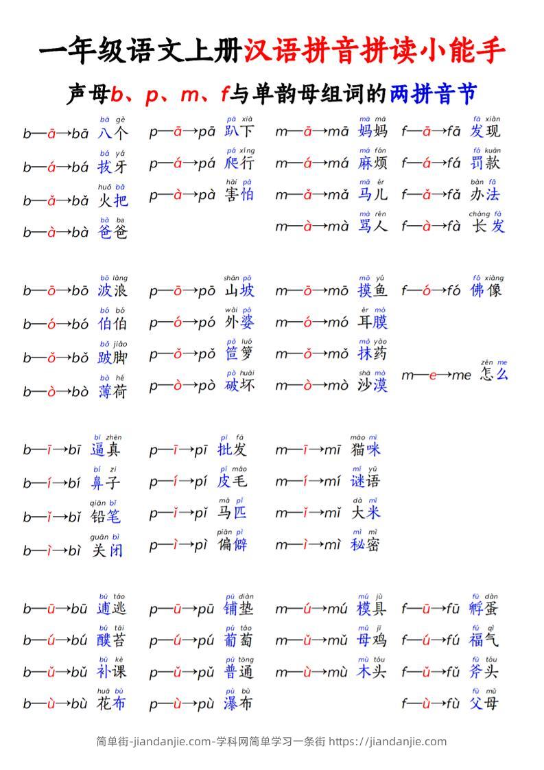 一年级上语文拼音拼读小能手-简单街-jiandanjie.com