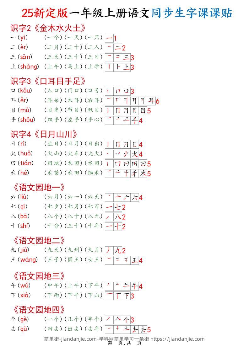 一年级上语文25最新版同步生字课课贴-简单街-jiandanjie.com