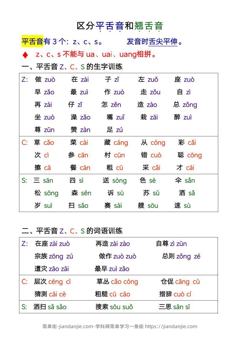 一年级上语文平翘舌音-简单街-jiandanjie.com