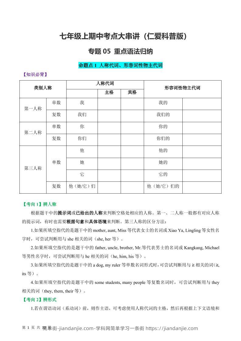 七年级上英语重点语法归纳-仁爱科普版-简单街-jiandanjie.com