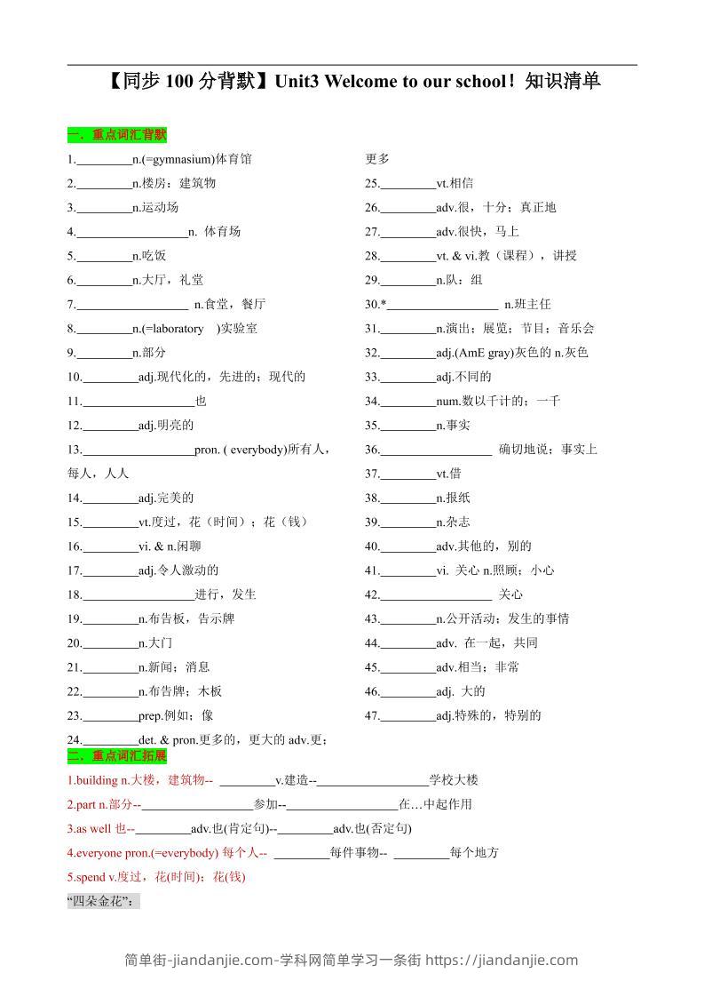七年级上英语Unit3知识清单背默-简单街-jiandanjie.com