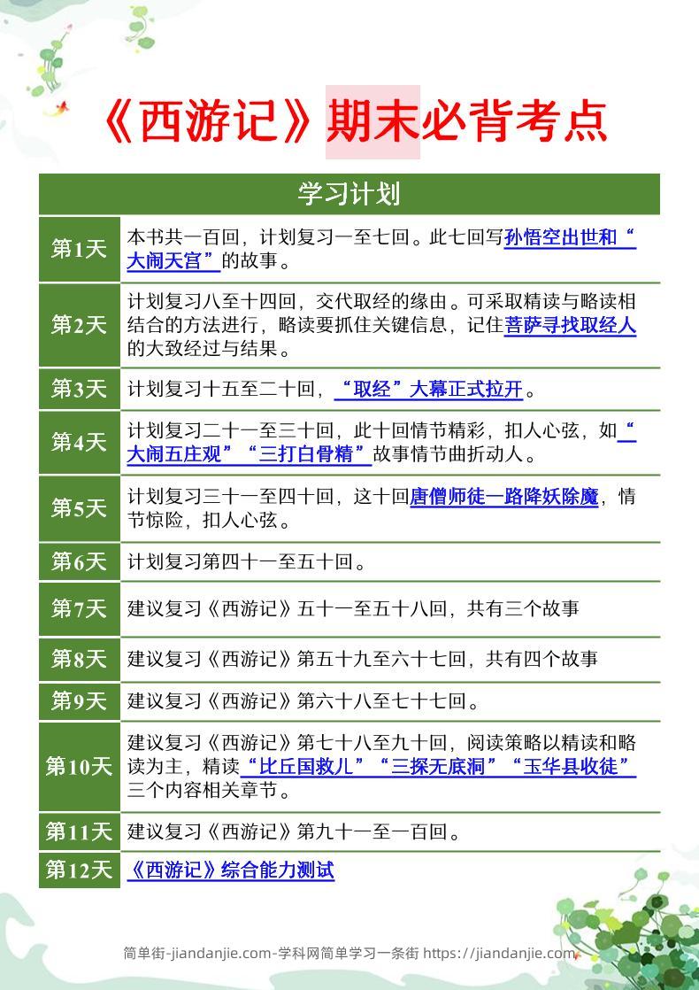 七年级上语文名著阅读日计划《西游记》-简单街-jiandanjie.com