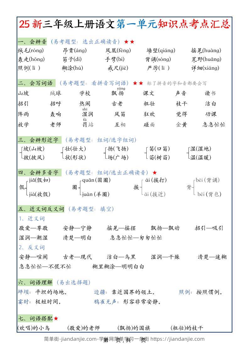 25新三上语文1-8单元知识点考点汇总（24页）-简单街-jiandanjie.com