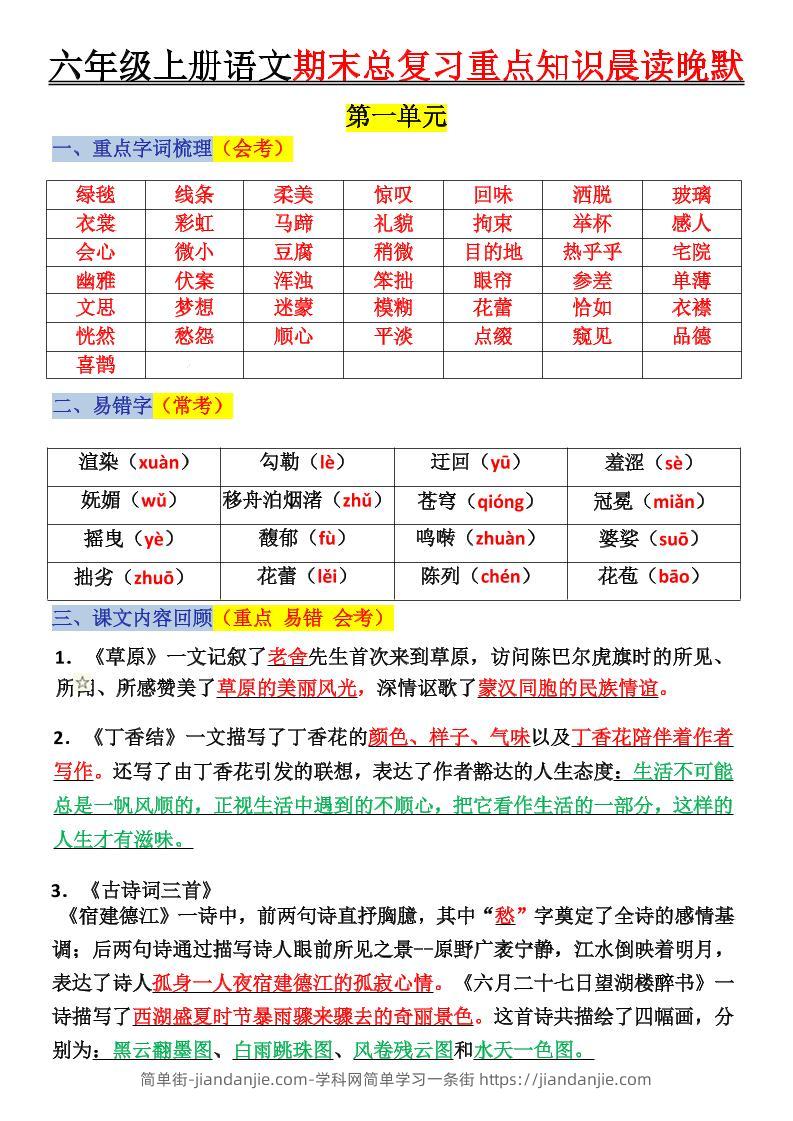六上语文复习重点晨读单(16页)-简单街-jiandanjie.com
