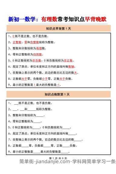 七年级上数学有理数常考知识点早背晚默（人教版）-简单街-jiandanjie.com