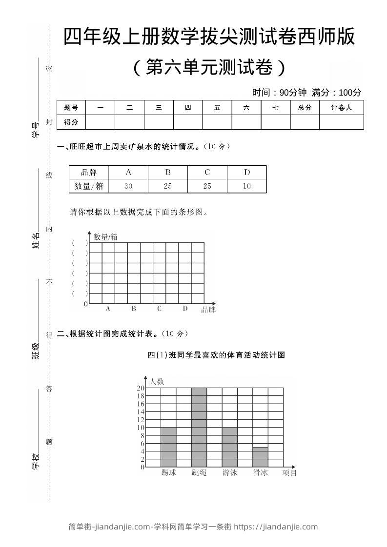 四年级上数学第六单元拔尖测试卷《西师版》-简单街-jiandanjie.com
