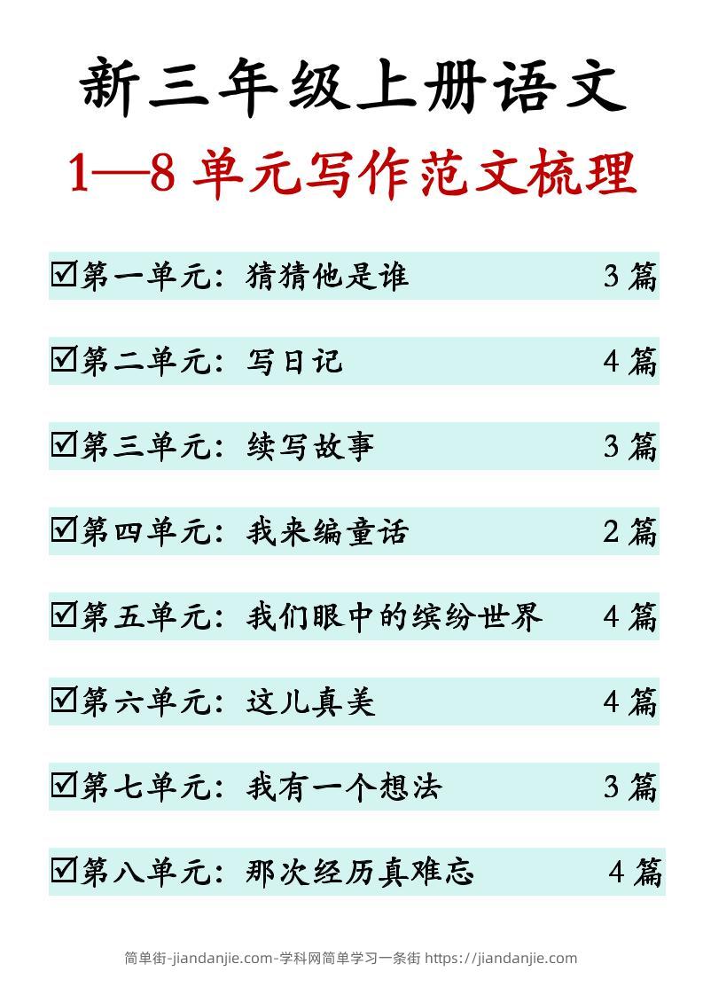 新三上语文1-8单元同步作文范文（27页）-简单街-jiandanjie.com