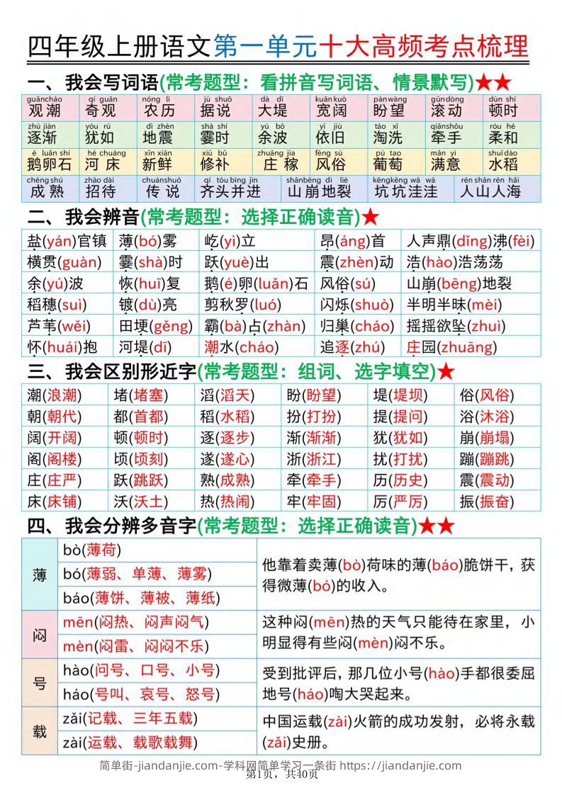 四上语文1-8单元十大高频考点梳理（40页）-简单街-jiandanjie.com