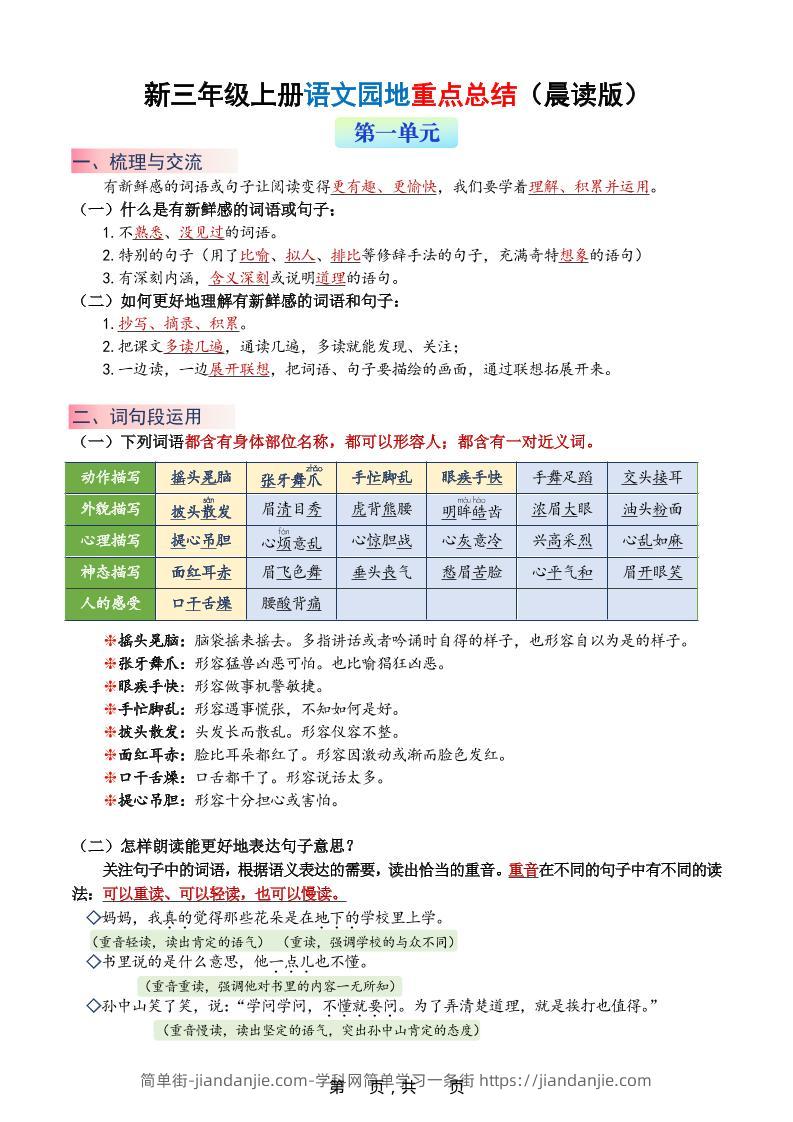 新三上语文1-8单元语文园地重点总结（晨读晚练）20页-简单街-jiandanjie.com
