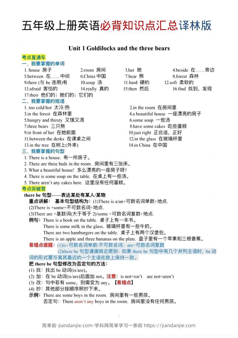五年级上英语必背知识单《译林版》-简单街-jiandanjie.com