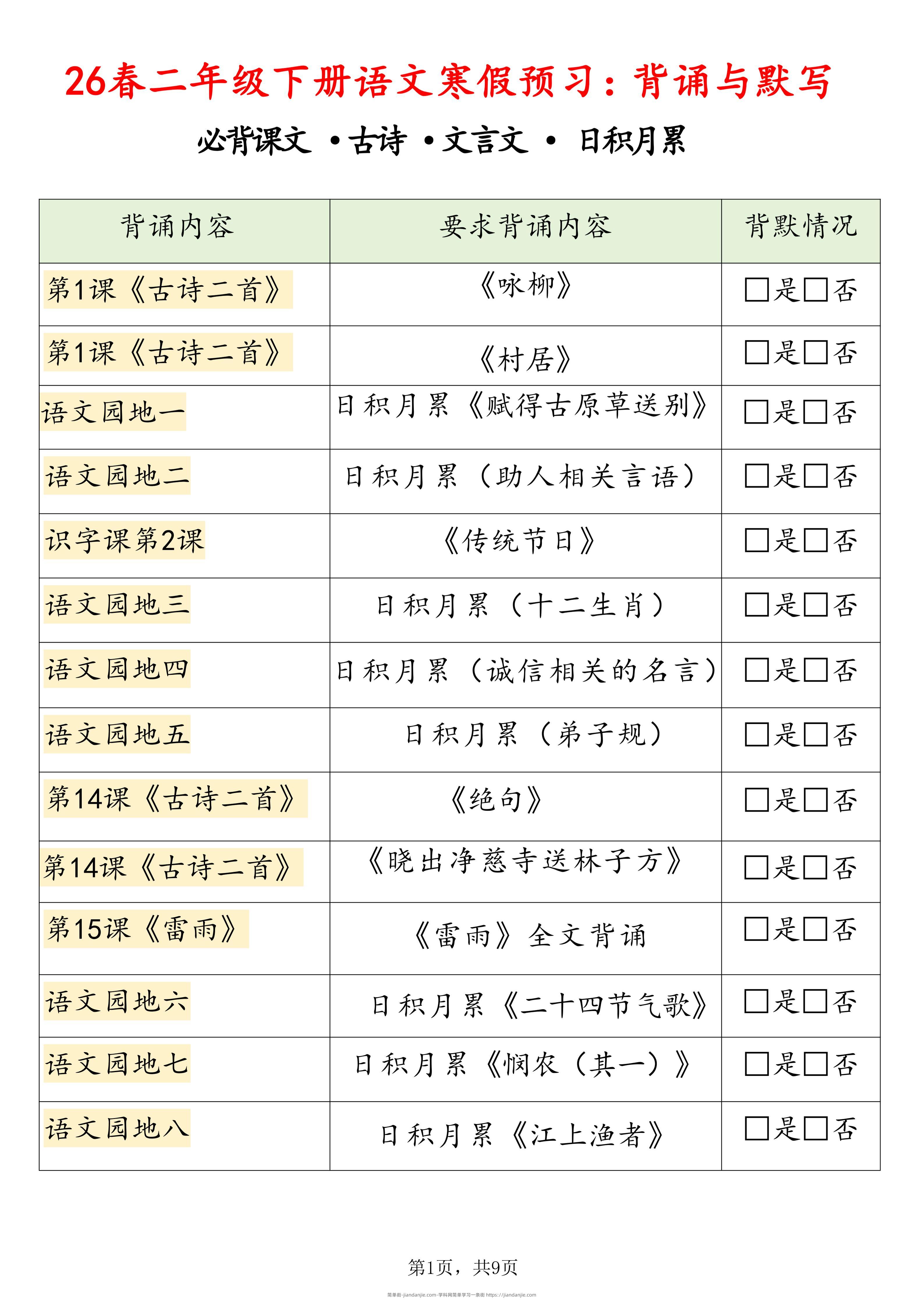 26春二下语文寒假预习背诵与默写（必背课文、古诗、文言文、日积月累）9页-简单街-jiandanjie.com