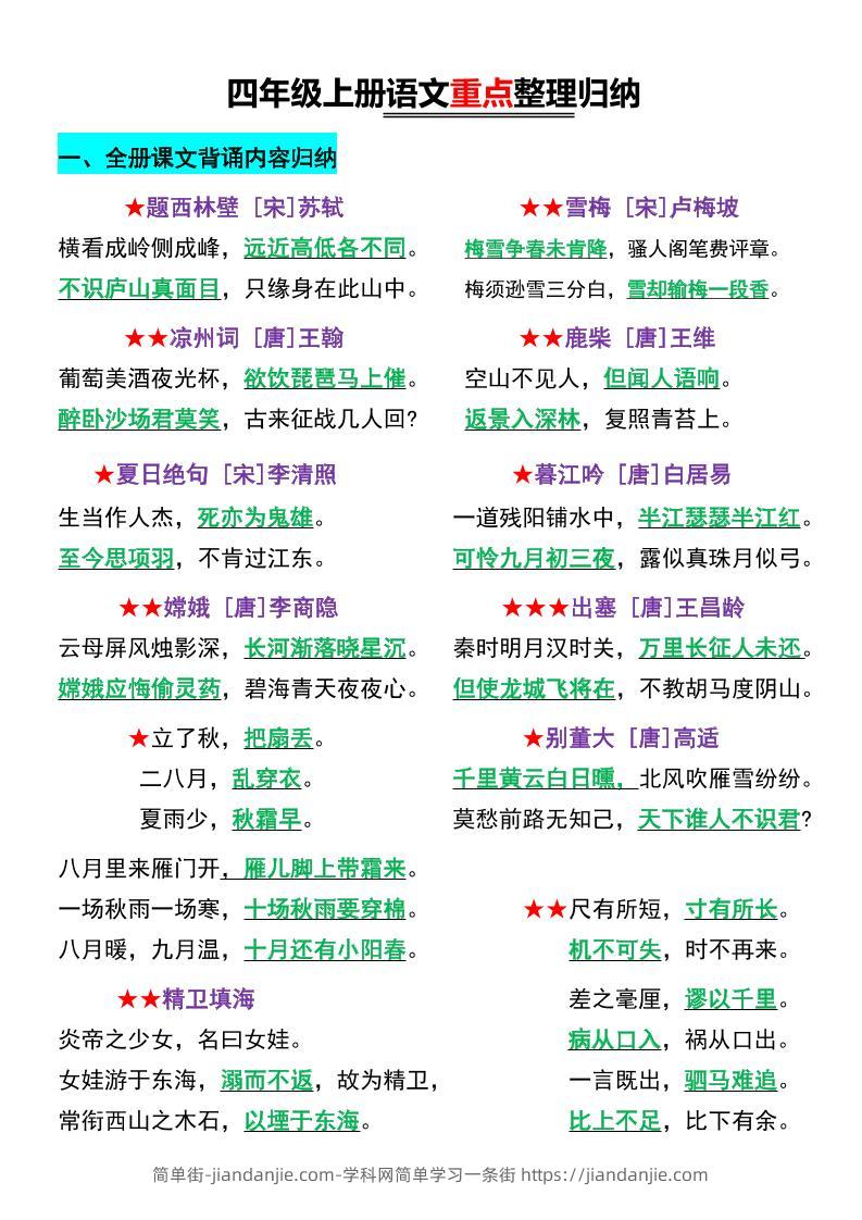 四年级上语文重点整理归纳-简单街-jiandanjie.com