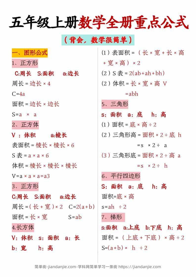 五年级上数学全册重点公式-简单街-jiandanjie.com