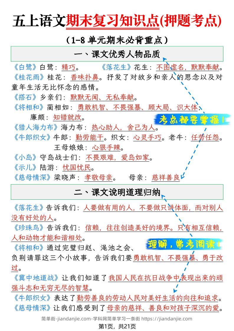 五年级上语文期末复习知识点(押题考点)-简单街-jiandanjie.com