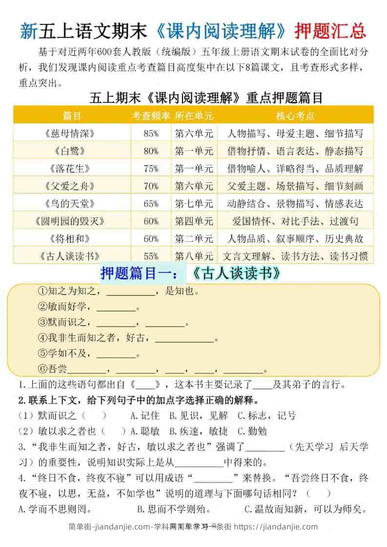 新五上语文期末《课内阅读理解》押题汇总-简单街-jiandanjie.com