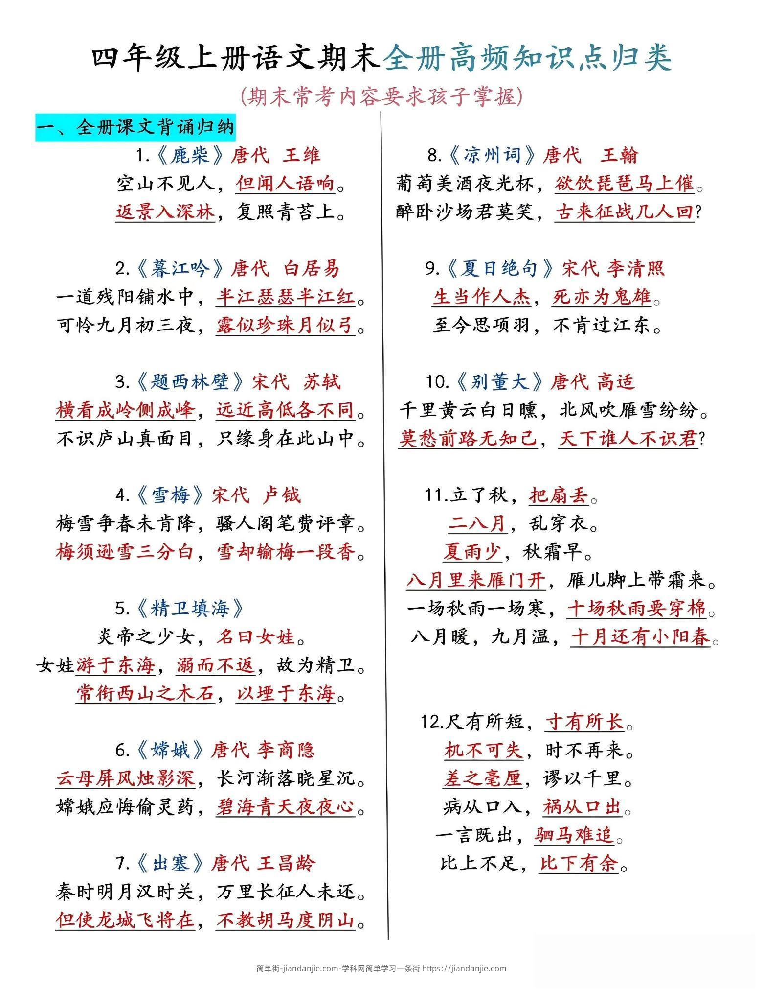 四年级上语文期末全册高频考点知识点归类-简单街-jiandanjie.com