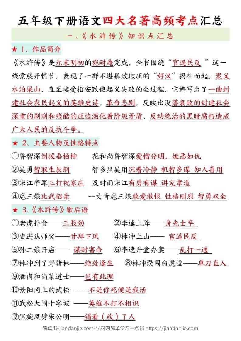 五年级下语文四大名著高频考点-简单街-jiandanjie.com