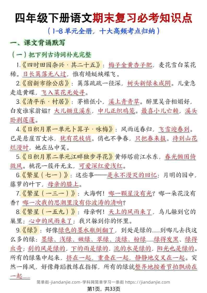 四年级下语文期末复习必考知识点（十大高频考点归纳）-简单街-jiandanjie.com
