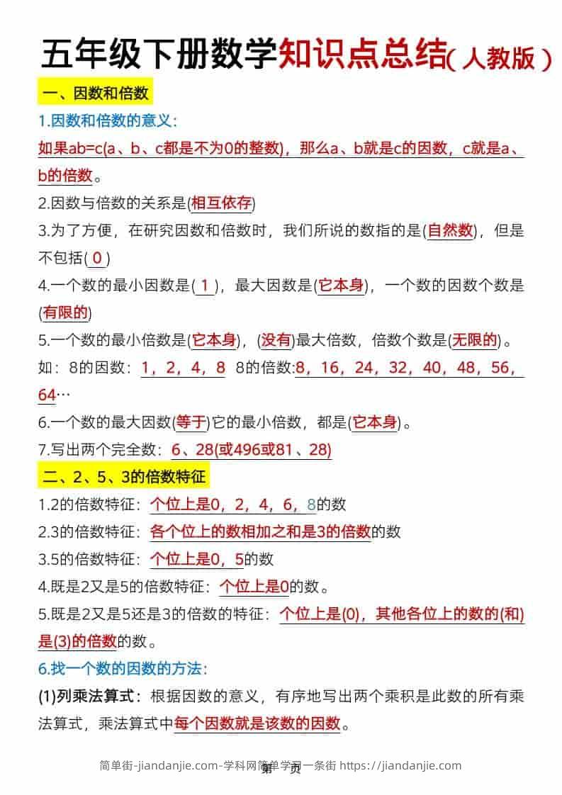 五年级下数学知识点总结《人教版》-简单街-jiandanjie.com