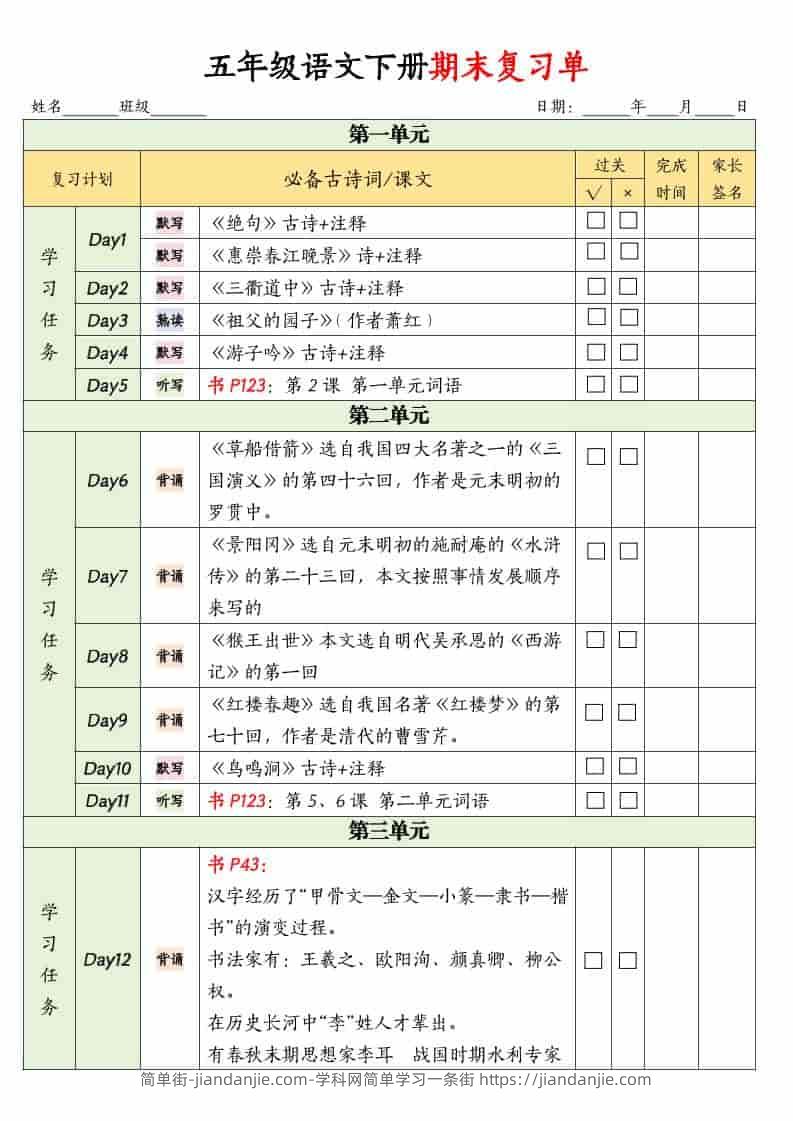 五年级下语文期末复习单-简单街-jiandanjie.com