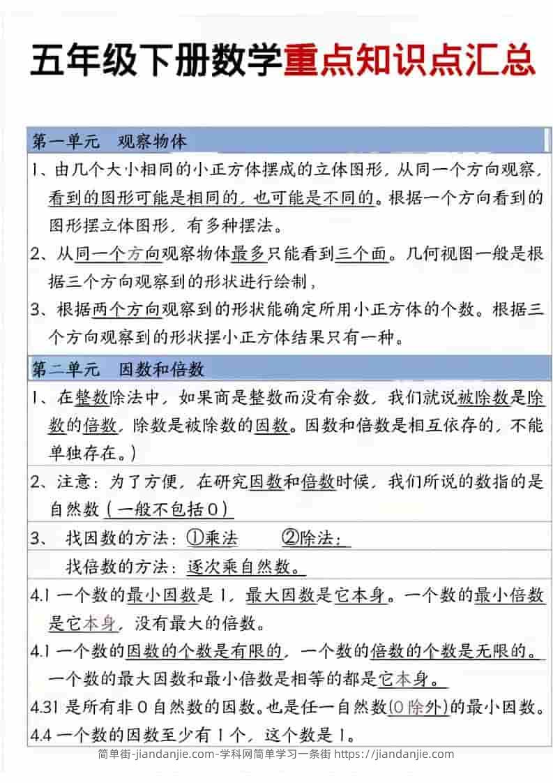 五年级下数学重点知识点汇总-简单街-jiandanjie.com