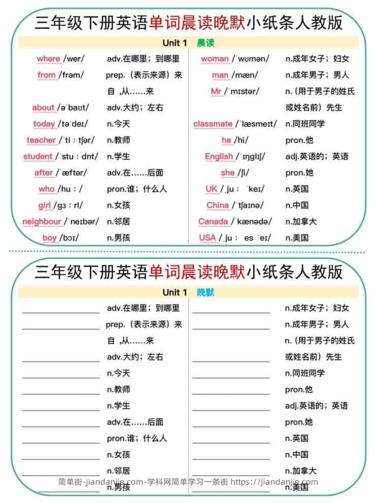 三年级下英语晨读晚默小纸条《人教版》-简单街-jiandanjie.com