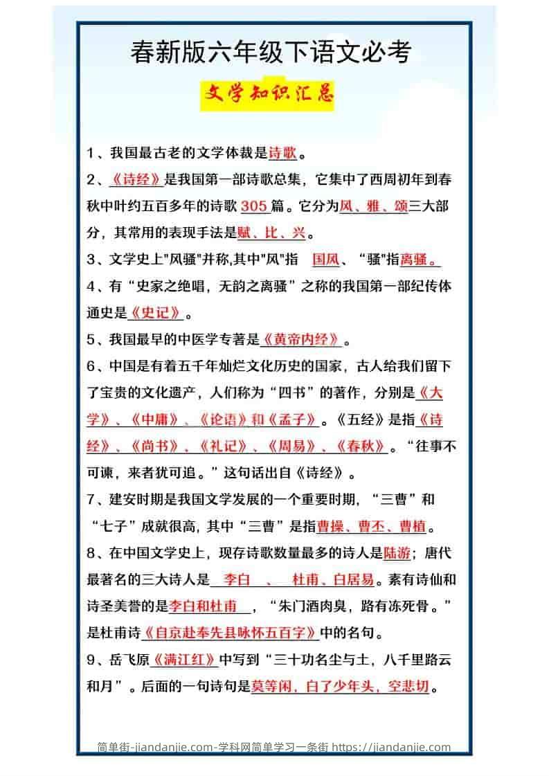 六年级下语文必考文学知识汇总-简单街-jiandanjie.com