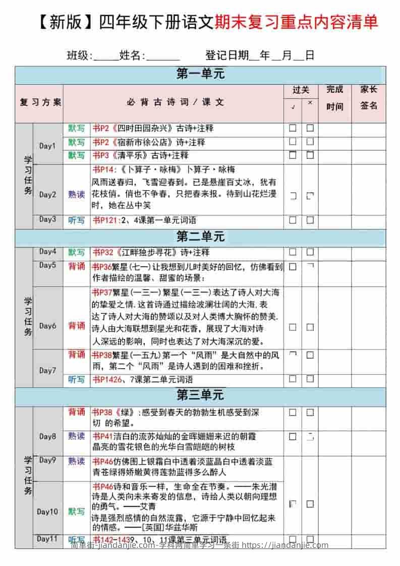 四年级下语文期末复习重点知识清单-简单街-jiandanjie.com