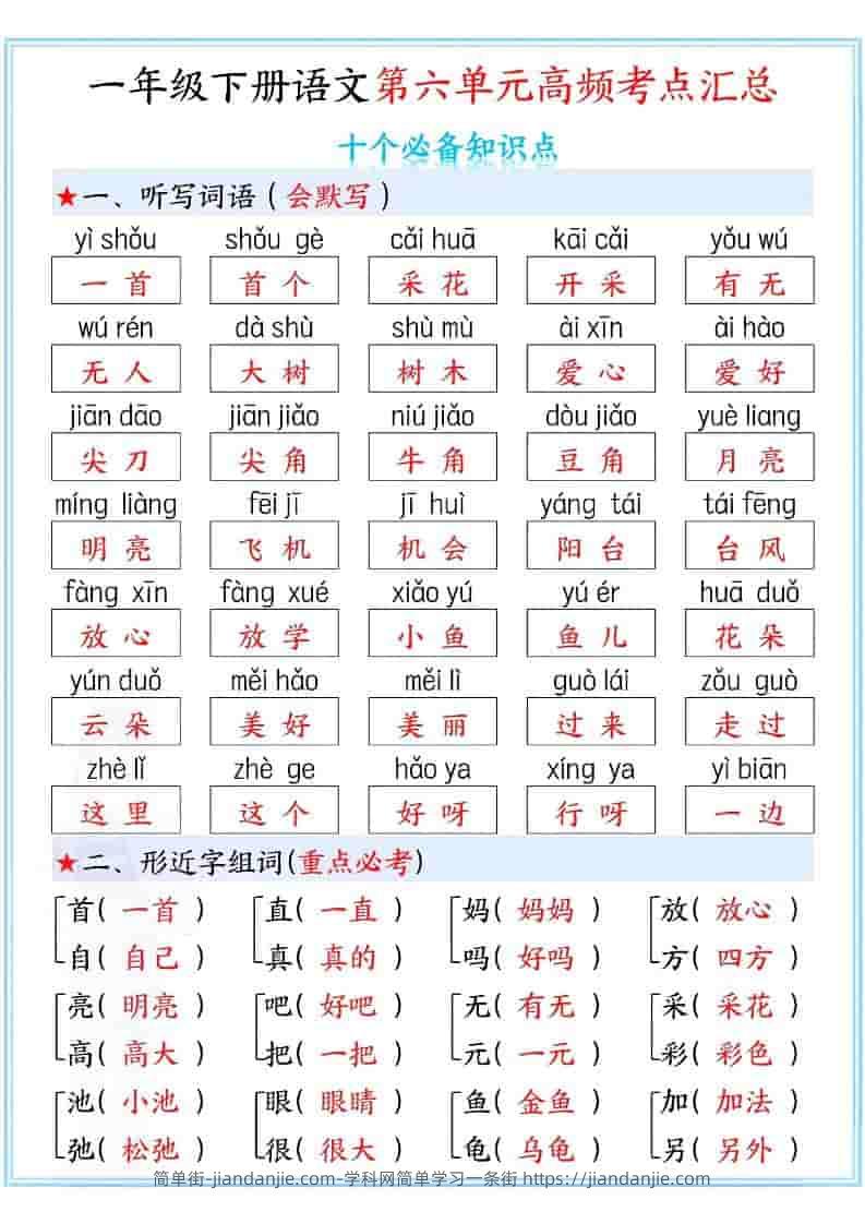 一年级下语文第六单元高频考点汇总-简单街-jiandanjie.com
