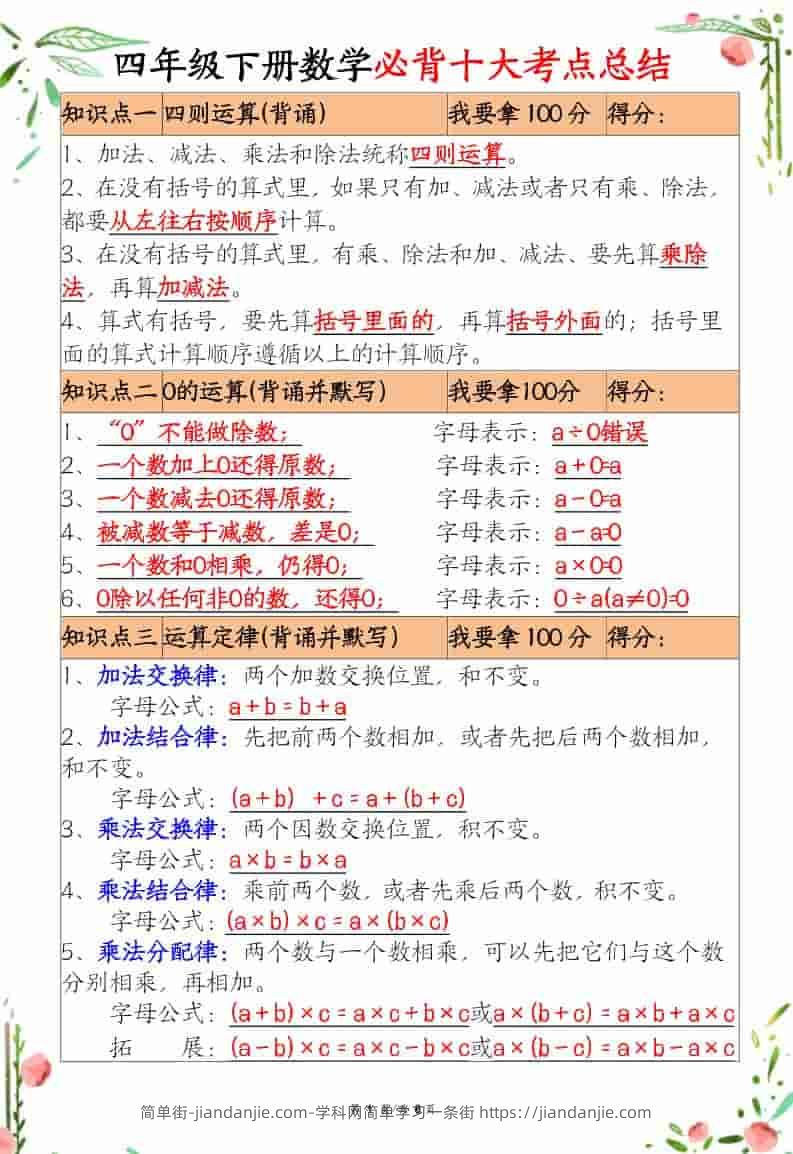 四年级下数学十大必背考点总结-简单街-jiandanjie.com