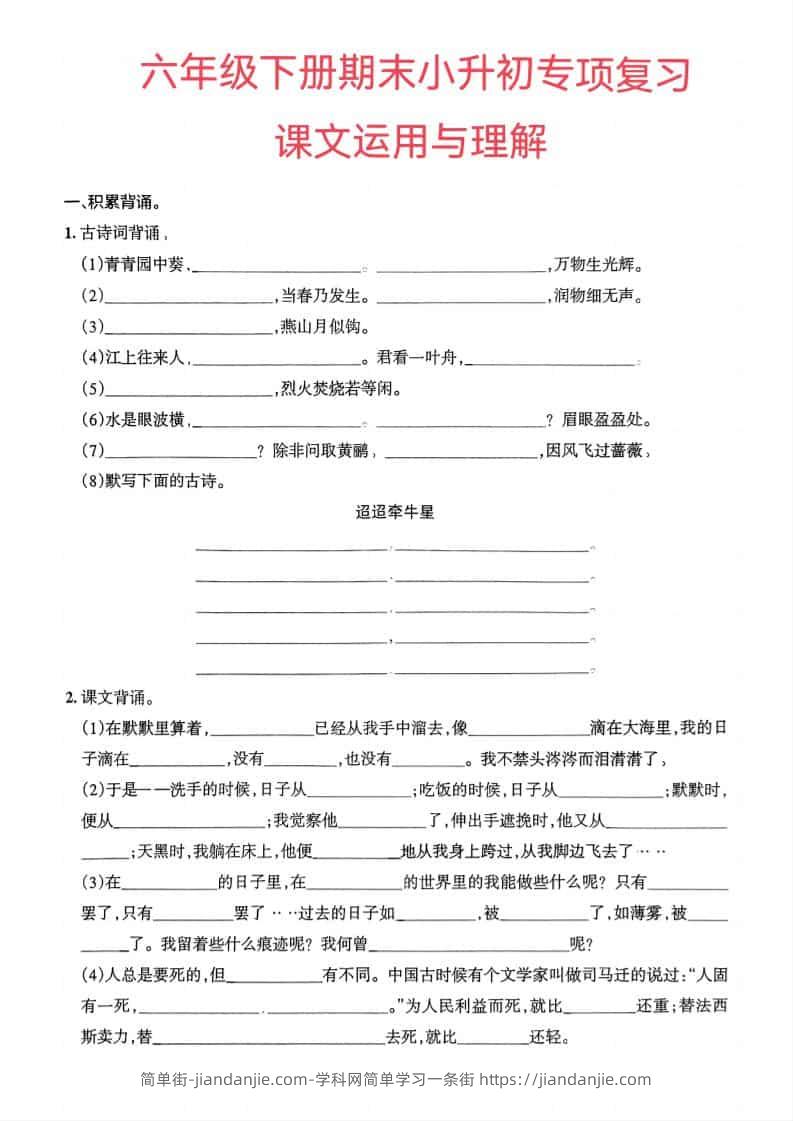 六年级下语文小升初课文运用与理解专项练习-简单街-jiandanjie.com