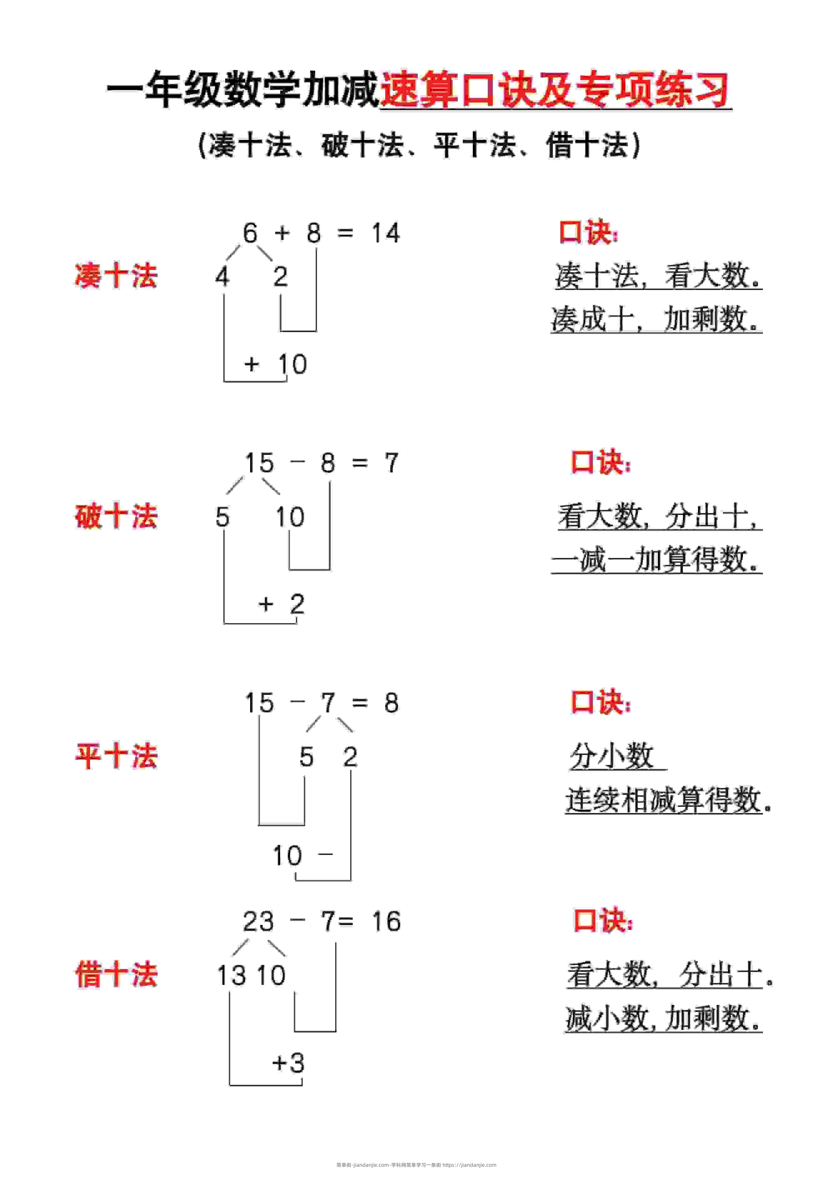 一年级下数学速算口诀及专练-简单街-jiandanjie.com