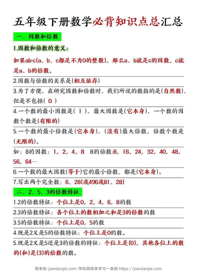 五年级下数学必背知识点总复习汇总《人教版》-简单街-jiandanjie.com