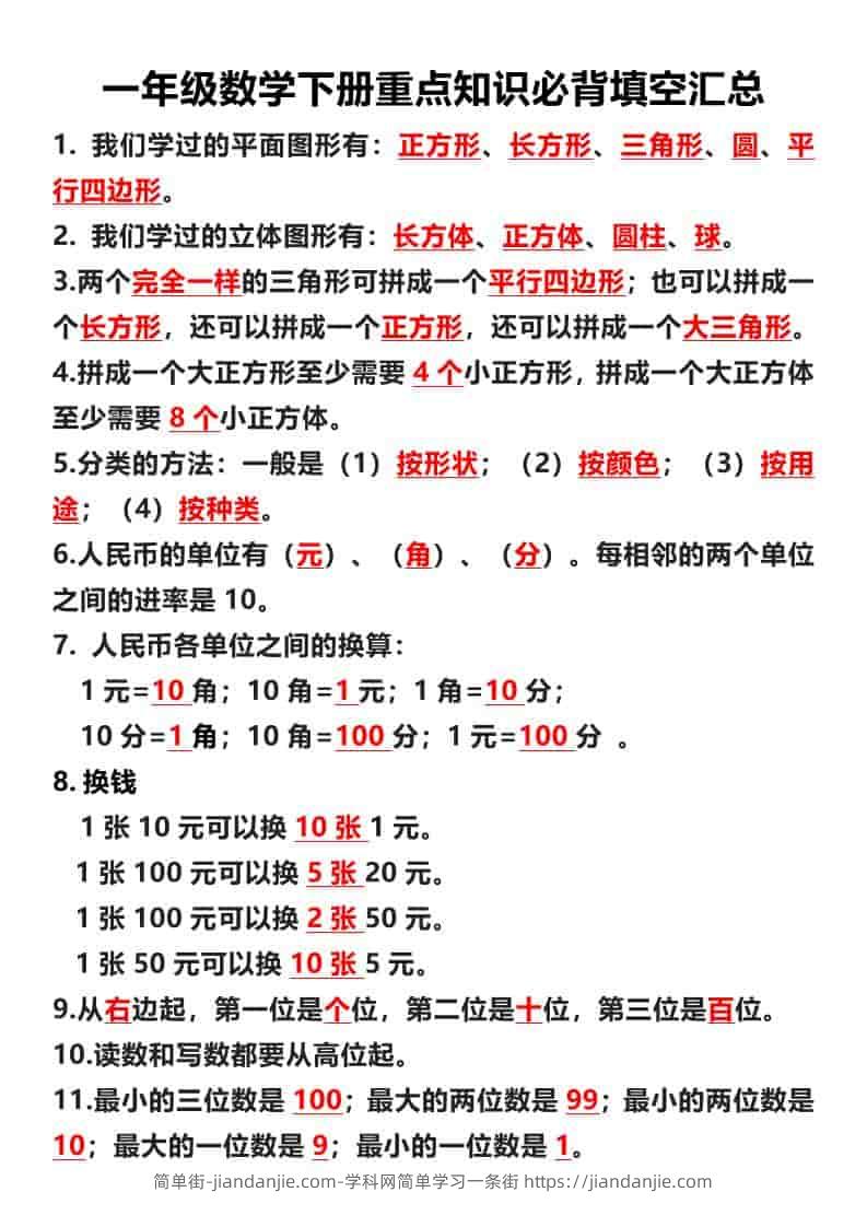 一年级下数学重点必背填空汇总-简单街-jiandanjie.com