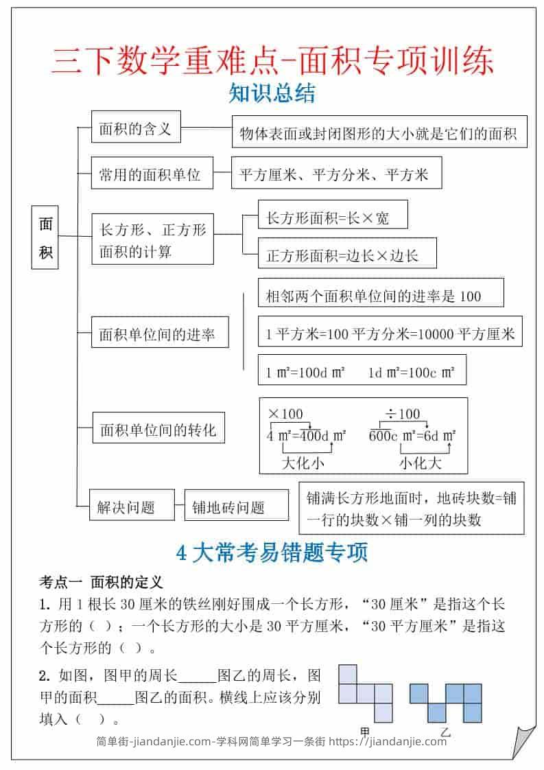 三年级下数学重难点-面积专项训练-简单街-jiandanjie.com