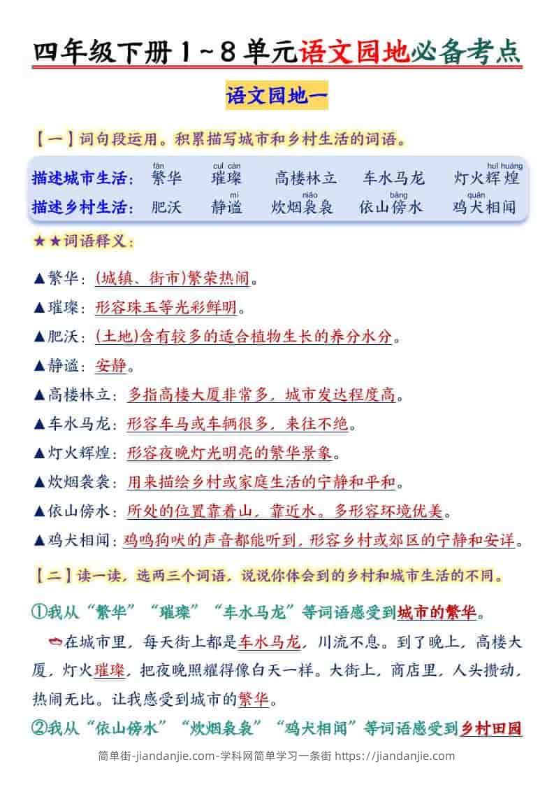 四年级下语文园地1-8单元必备考点-简单街-jiandanjie.com