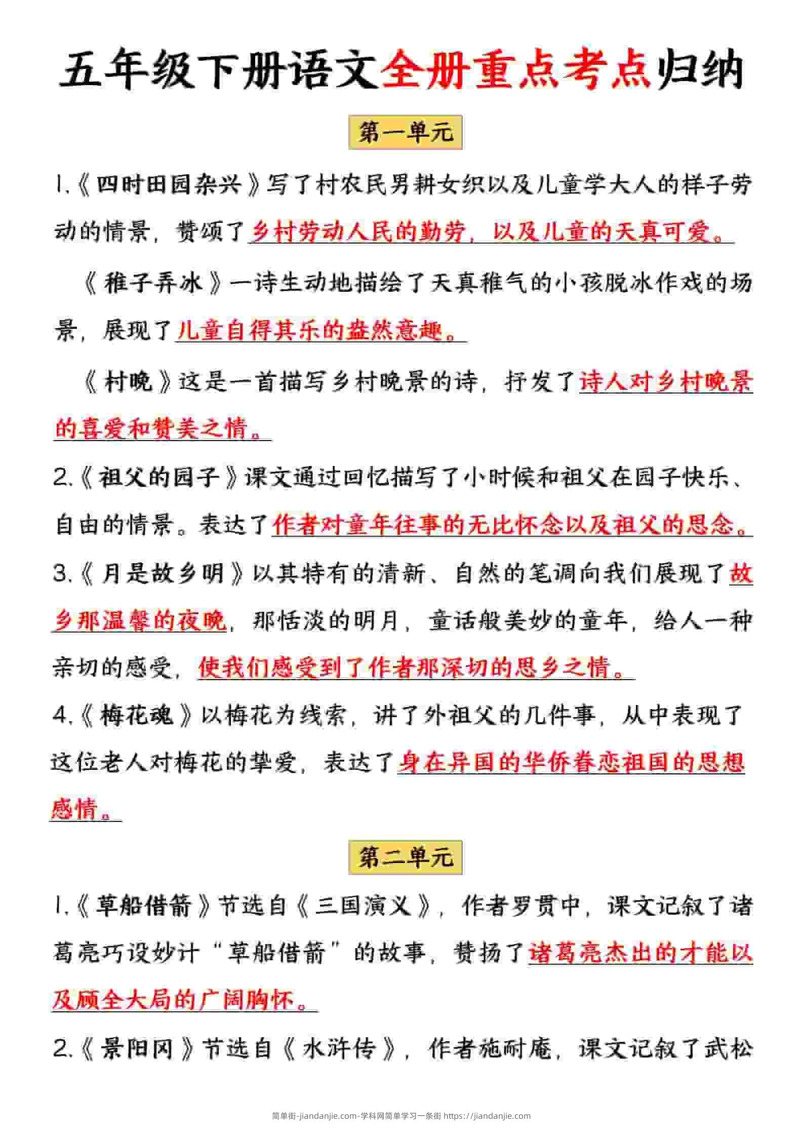 五年级下语文全册重点考点归纳-简单街-jiandanjie.com