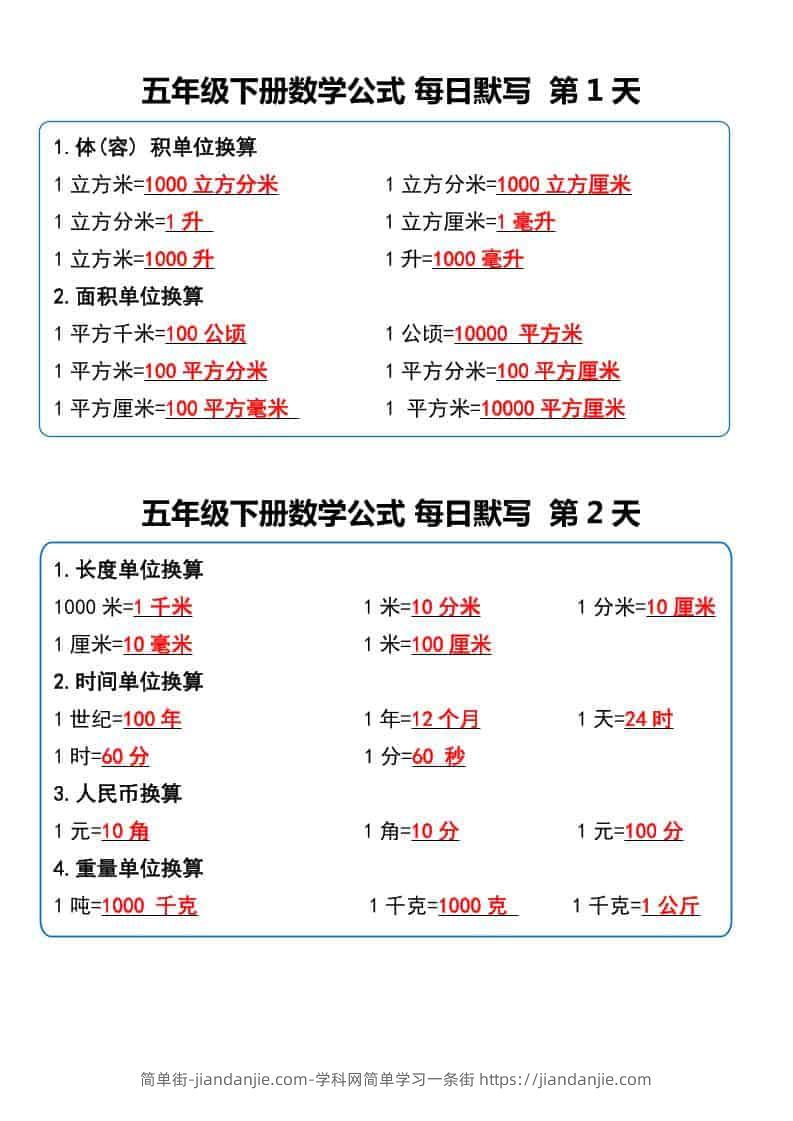 五年级下数学数学公式每日默写小纸条-简单街-jiandanjie.com