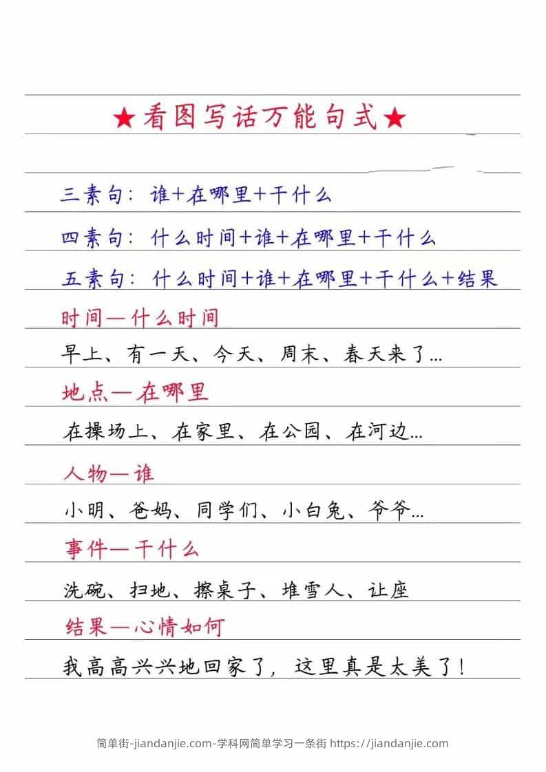 一年级下语文看图写话万能句式-简单街-jiandanjie.com