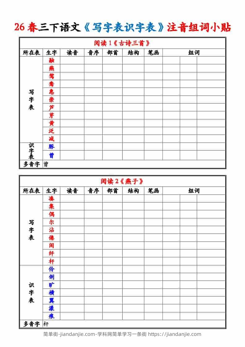 三年级下语文26春《写字表识字表》注音组词小贴-简单街-jiandanjie.com
