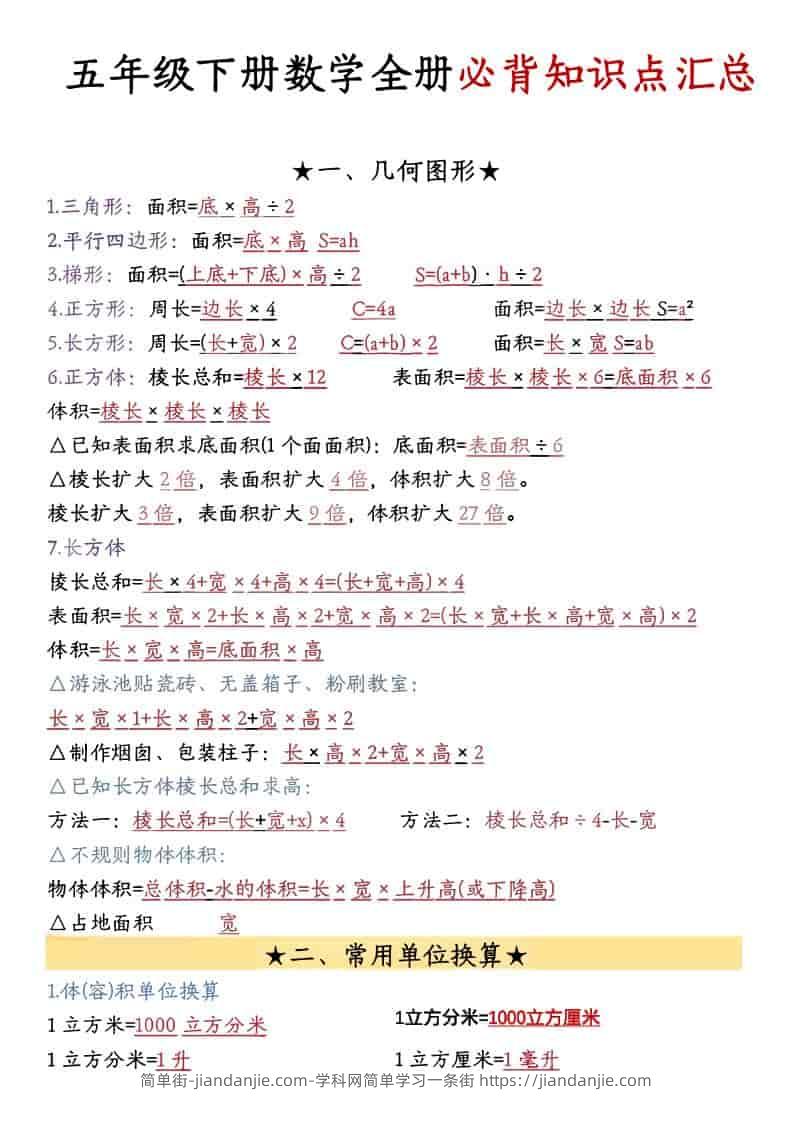 五年级下数学26春必背公式汇总-简单街-jiandanjie.com