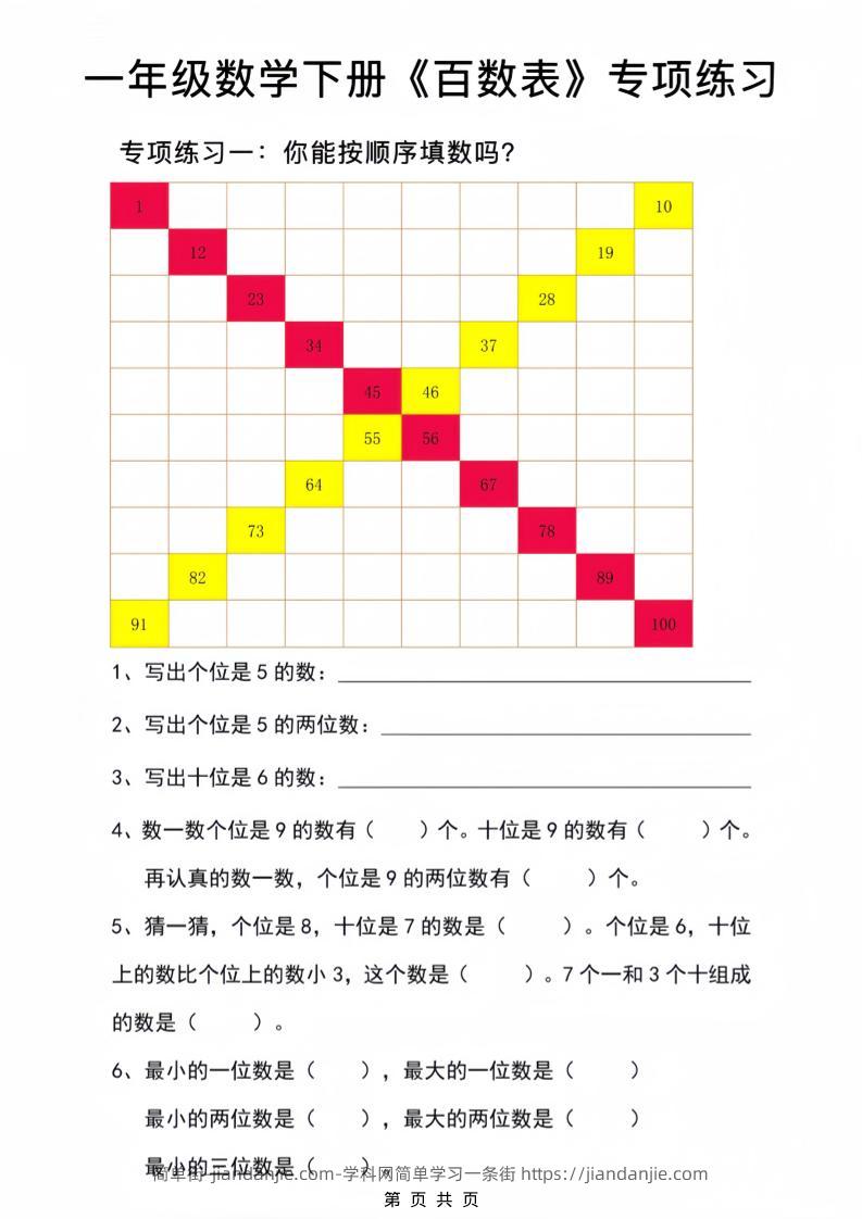 一年级下数学百数表专项练习2-简单街-jiandanjie.com