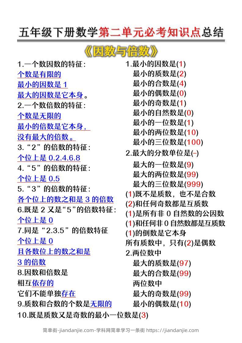 五年级下数学第二单元必考知识点总结-简单街-jiandanjie.com