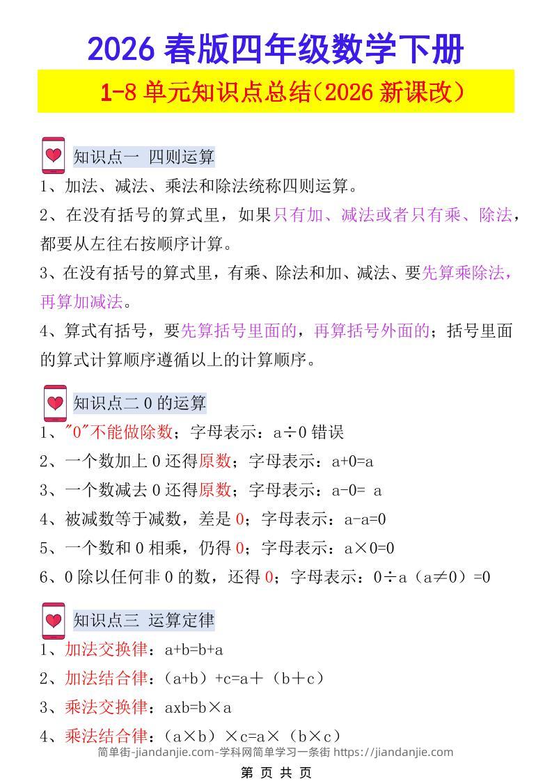 2026春新版四年级下数学1-8单元知识点总结《人教版》-简单街-jiandanjie.com