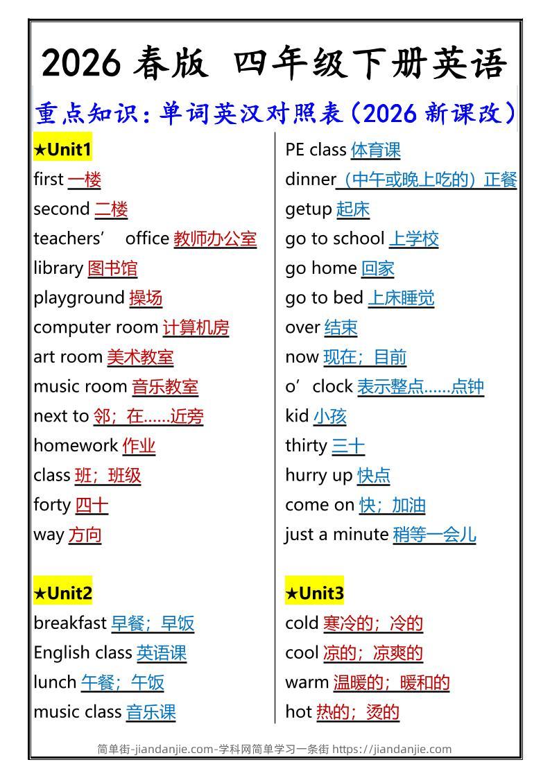 2026春新版四年级下英语重点知识：单词英汉对照表《人教版PEP》-简单街-jiandanjie.com