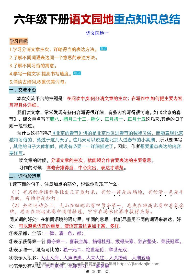 六年级下语文园地重点知识总结-简单街-jiandanjie.com