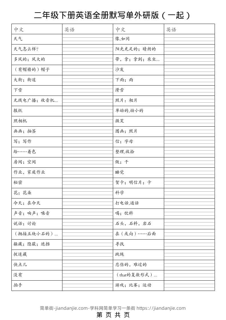 二年级下英语全册默写单（看中写英）《外研版（一起）》-简单街-jiandanjie.com