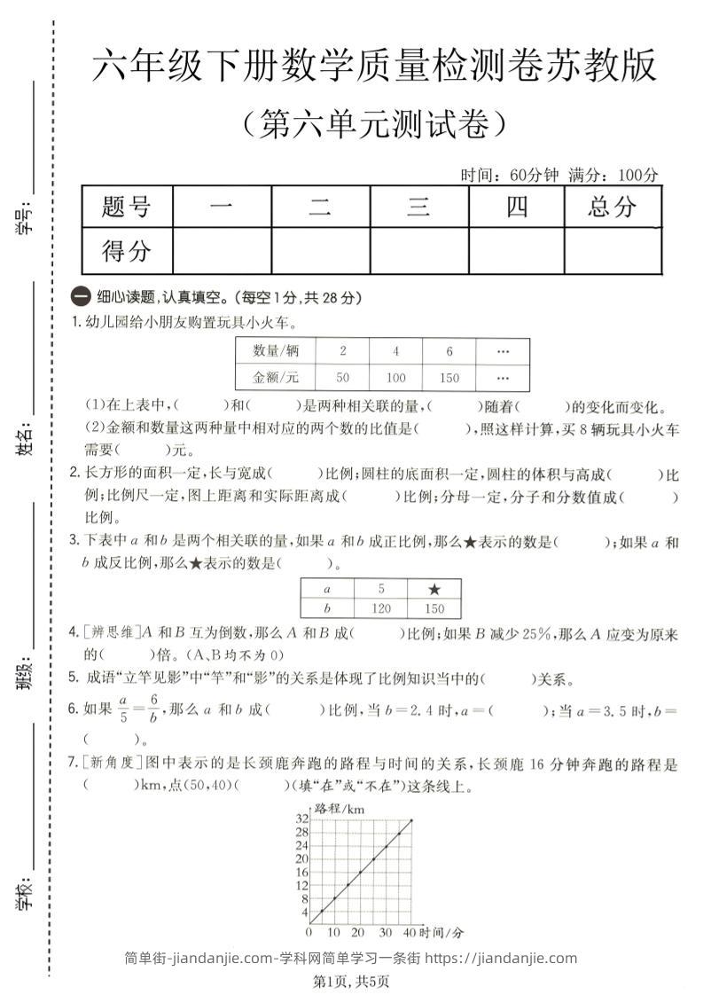 六年级下数学第六单元质量检测卷1《苏教版》-简单街-jiandanjie.com