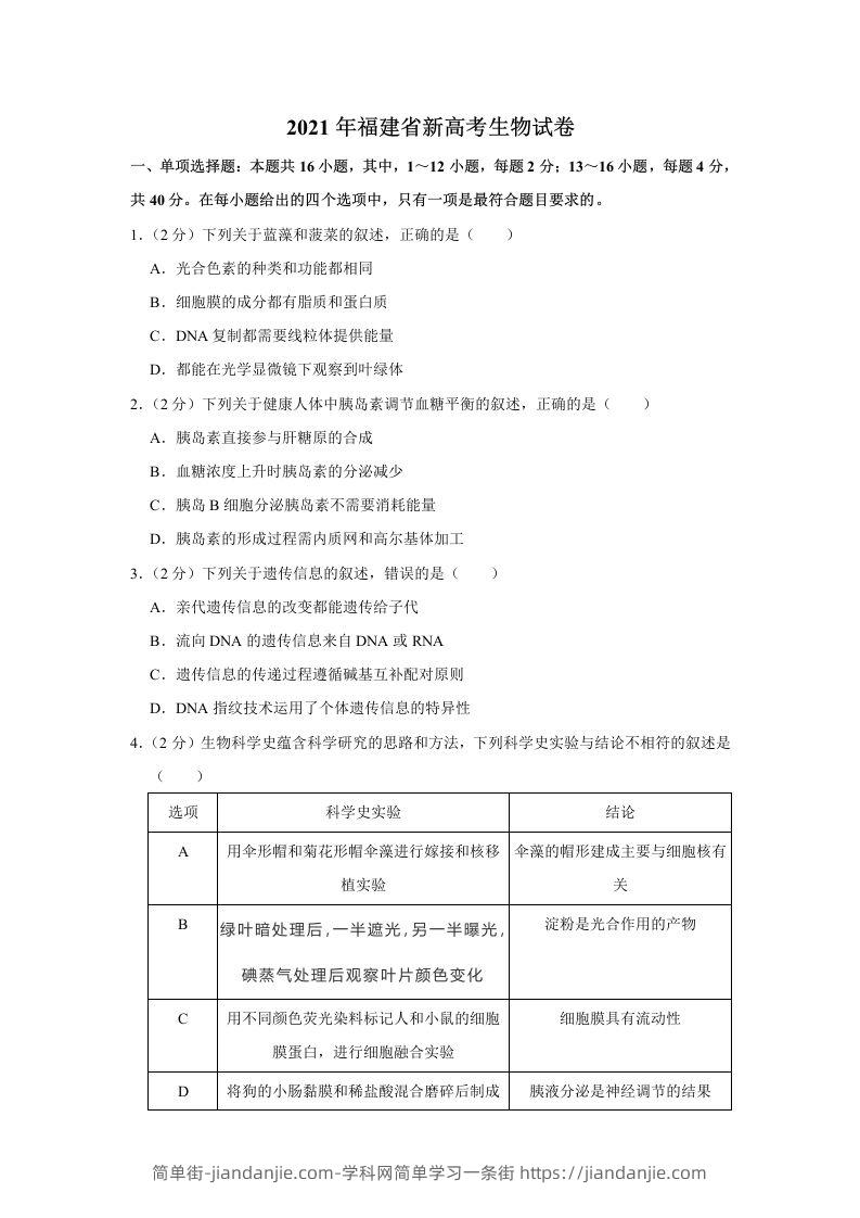 2021年高考生物试卷（福建）（空白卷）-简单街-jiandanjie.com